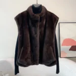 Short V-Neck Eco-Friendly Casual Farm-Raised Real Mink Fur Waistcoat Luxury Natural Brown Vest for Women