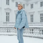 Women Self with Stripes Quilted Down Jacket Winter Hooded Coat Side Slit with Elastic at Curved hem Puffer Jacket